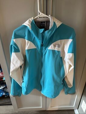 The North Face Aqua and White Hooded Softshell Jacket